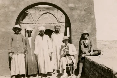 Four Workers, Architect Ferdinando Reggiori and Archaeologist Ugo Monneret de Villard in Monastery of St Simeon, Aswan, Egypt