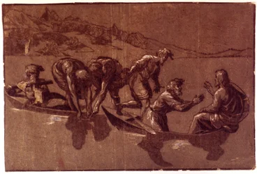 Miraculous fishing. Drawing by Ugo da Carpi.