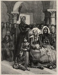A sermon in a church in Brittany, drawing by M.U. Loot. Engraving in 
