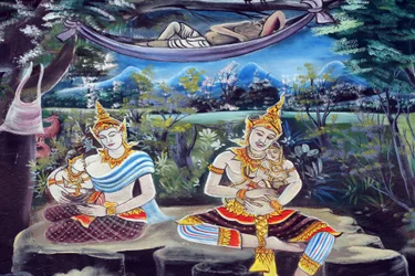 Wat Inpeng Buddhist Temple. Painting Depicting the Life Story of Shakyamuni Buddha, Vientiane, Laos