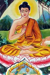 Wat Inpeng Buddhist Temple. Painting Depicting the Life Story of Shakyamuni Buddha. The Teaching Buddha Depicts a Particular Moment in the Life of the Buddha, Namely, the First Sermon the Buddha Gave After Reaching Enlightenment, Vientiane, Laos