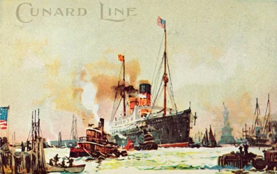 A Cunard ocean liner enters the North River, New York City, USA