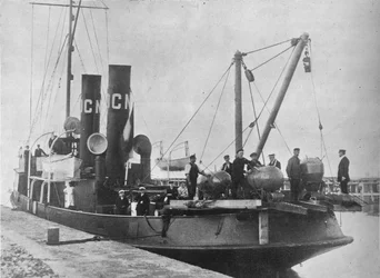 A German Mine Layer Leaving Port with Her Mines Ready on Deck