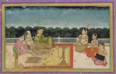 A Lady and attendant on a terrace at evening, with three women musicians