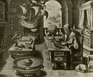 A Navigating Expert at Work in His Study with Globe and Compass