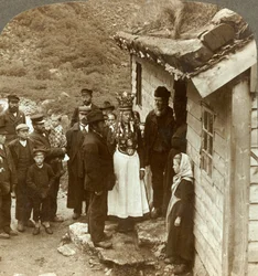 A Nordfjord Bride and Groom with Guests and Parents at House Door, Brigsdal, Norway