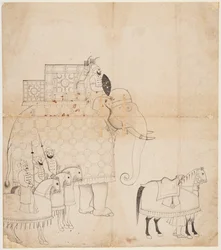 A Drawing of Caparisoned Elephant and Horses