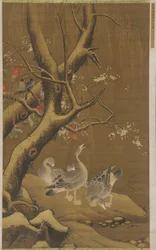 A Group of Geese under Snow-Covered Willow and Blossoming Trees