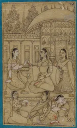 A Lady and Attendants Seated in a Courtyard