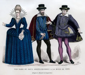 A lady and two gentlemen in French dress of 1605, 1882-1884