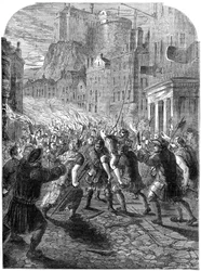 A mob carrying Captain John Porteous to his execution, Edinburgh, 1736, 19th century
