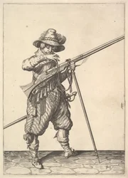 A soldier blowing on a match, from the Musketeers series, plate 40, in Wapenhandelinghe van Ro