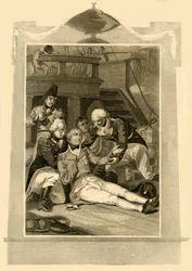 Admiral Lord Nelson mortally wounded on the Victory at the Battle of Trafalgar, 1805