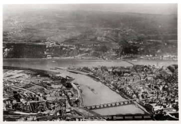 Aerial view of Koblenz, Rhine-Palantinate, Germany, from a Zeppelin