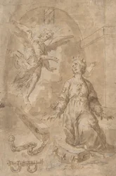 An Angel Appearing to Saint Catherine of Alexandria in Prison (recto), Volute (verso)