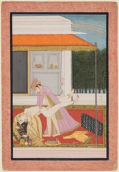 An Amorous Couple, Probably Raja Mahendra Pal of Basohli with a Favorite, c. 1810