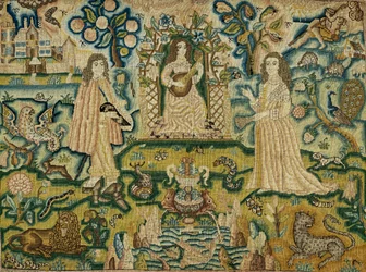 An Embroidered Panel with a Woman Playing a Guitar