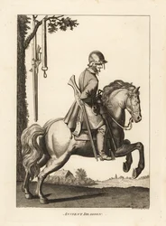 Ancient Dragoon on horseback with helmet, musket and gunpowder horn