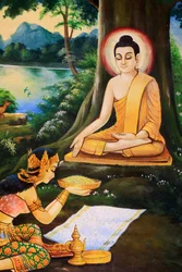 Ascetic Buddha was offered a bowl of milk-rice meal on the morning of his Enlightenment by Nandabala