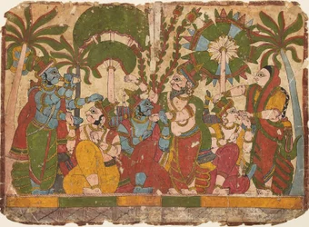 Assassin aiming an arrow at a king seated on a balcony, c. 1830