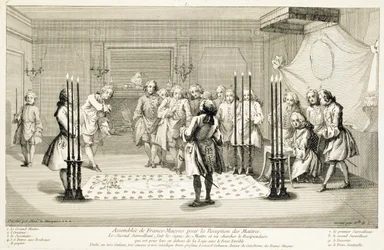 Assembly of Freemasons before the initiation of a master, c. 1733