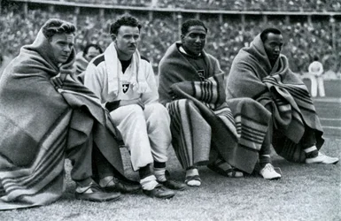 Athletes Frank Wykoff, Paul Hanni, Ralph Metcalfe and Jesse Owens, Berlin Olympics, 1936