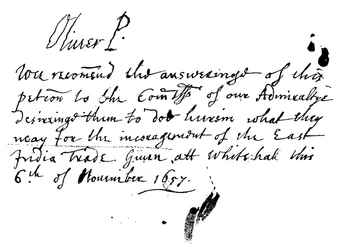 Autograph Note of Oliver Cromwell to a Petition of the East India Company, November 1657