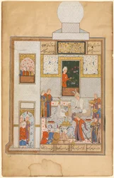 Bahram Visits the White Domed Pavilion recto, part of Khamsa of Nizami, Haft Paykar, c. 1560-1570