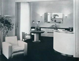 Bar corner of a dining room designed by Jacques Adnet, c1940