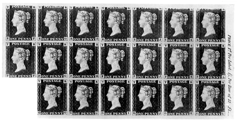 Block of Twenty Penny Black Stamps, 1840