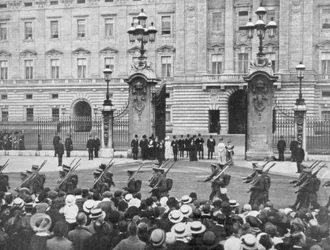 British soldiers marching past Buckingham Palace, London