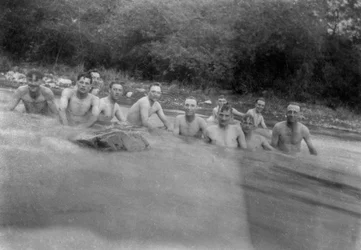 British soldiers washing in a mountain stream, Kalsi, India