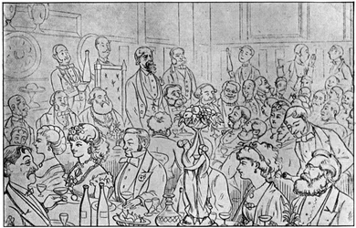 Charles Dickens presiding at the Newsvendors Dinner, 5th April 1870