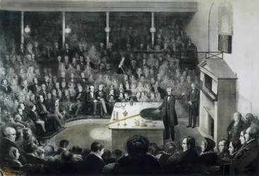 Lecture by physicist Michael Faraday (1791-1867) at the Royal Institution of London on December 27, 1855 in the presence of Prince Albert of Saxe-Coburg-Gotha