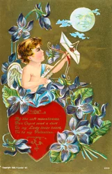 Cupid shooting an arrow carrying a love letter, American Valentine card