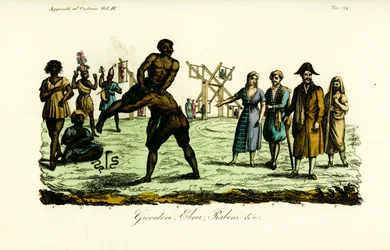 Dancer called Ulde Benaye, snake charmer, two men performing the Busardia dance, two wrestlers, Jewish woman, Jewish man, rabbi and whore in veil