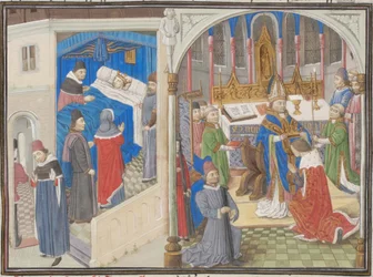 Death of Amalric I of Jerusalem. Coronation of Baldwin IV. Miniature from the Historia by William of Tyre