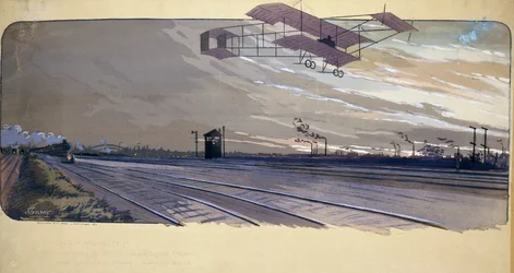 Early aviation: Louis Paulhan (1884-1963) flying over a railway track in his biplane during the 300km London/Manchester straight-line race on April 27-28, 1910