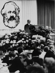 The Chairman of the State Council of the German Democratic Republic Walter Ulbricht at a Conference on the Occasion of the 150th Birthday of Karl Marx. Berlin Congress Hall. May 2, 1968