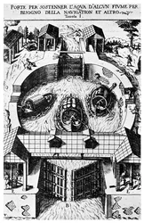 Design for hinged canal lockgates by Leonardo da Vinci, 15th century