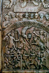 Detail of a leaf of a Byzantine ivory diptych showing men and bears at the circus