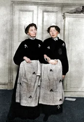 Emmeline and Christabel Pankhurst, English suffragettes, in prison dress