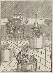 Equipment and Analysis of Gold and Silver Ores - Engraving from Description of Ores and Principal Mining Methods, by Lazarus Ecker