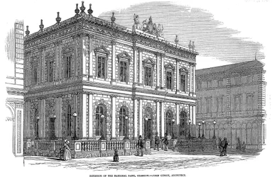 Exterior view of the National Bank, Glasgow, Scotland, c1850