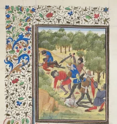 Fight in a Wood Between Christians and Saracens. Miniature from the Historia by William of Tyre