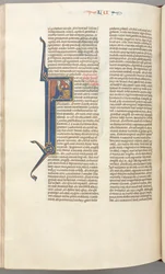 Fol. 412v, Luke, Historiated Initial F, Luke Praying at an Altar, Bust of God Above