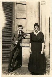 Franz Kafka with his Sister Ottla in Front of the Oppelt House in Prague. Around 1914