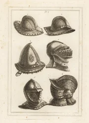 French iron pot helmet, engraved steel cap from the 16th century, large bright helmet, open helmet, ornamented helmet with visor