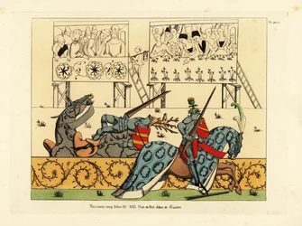 French knight Jean de Saintre in helm with thistle crest defeats the Spanish knight Enguerrant in helm with stag crest in a joust from the manuscript Histoire de Petit Jehan de Saintre, late 15th century