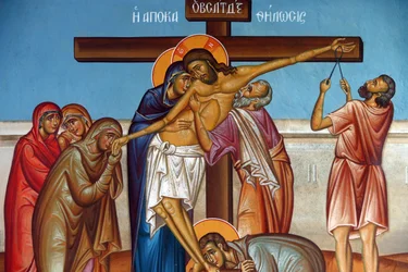 Fresco in Holy Cross Church, Pedoulas. Lament around Jesus Christ on the cross, Pedoulas, Cyprus